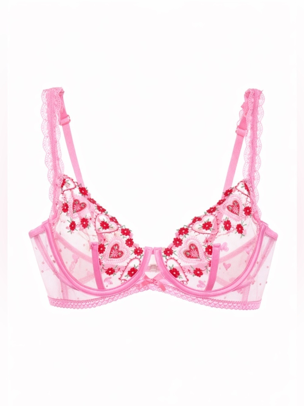 For Love and Lemons Pink Embroidered Heart Bra 34C NWT